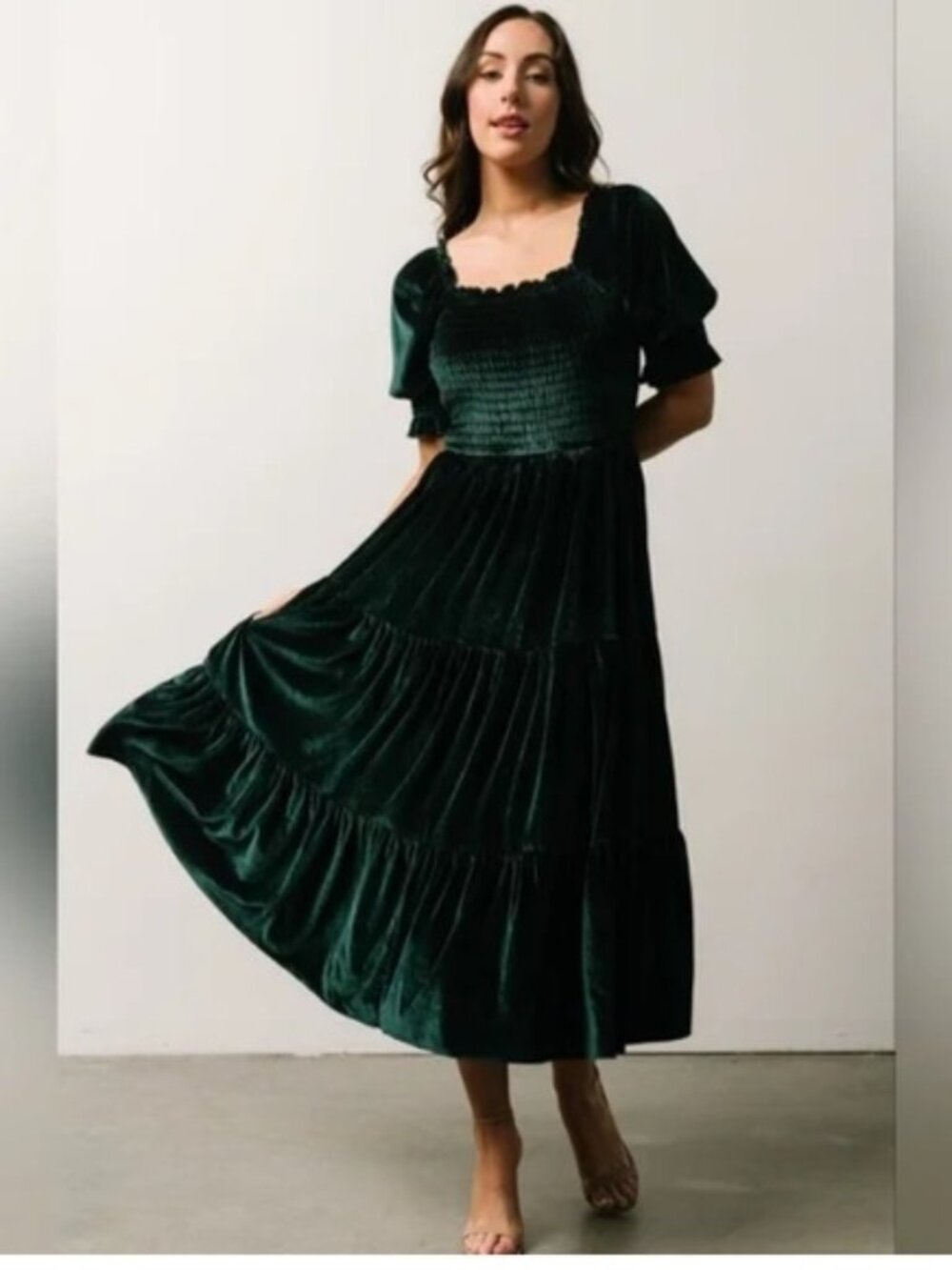 Baltic Born Vivaldi Velvet Smocked Midi Dress - Medium - Dark Green